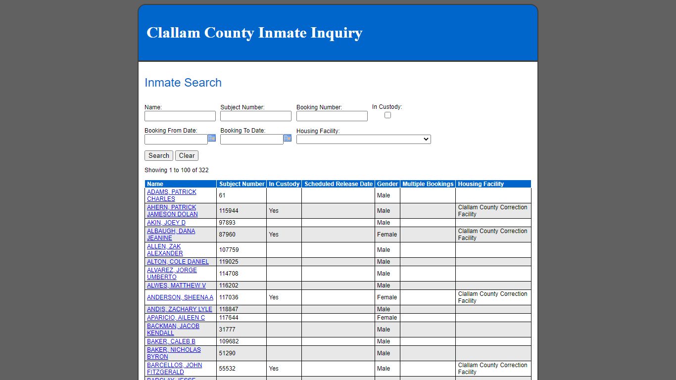 Inmate Search - Clallam County, Washington