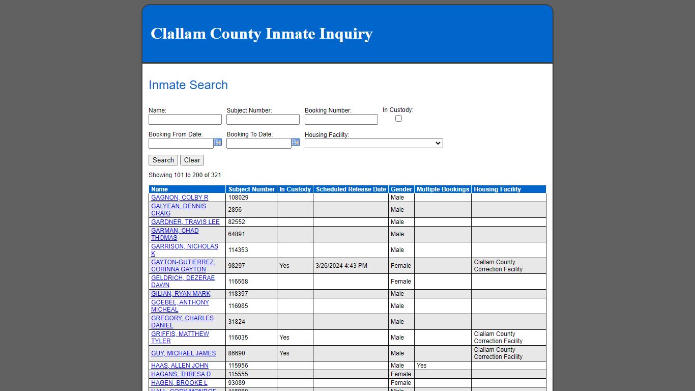 Inmate Search - Clallam County, Washington